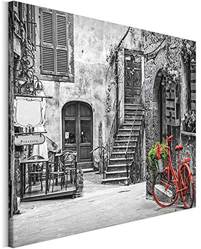 REVOLIO 45x30 cm Leinwandbild Wandbilder Wohnzimmer Modern Kunstdruck Design Wanddekoration Deko Bild auf Leinwand Bilder 1 Teilig - Italien die Architektur Fahrrad Gasse Grau
