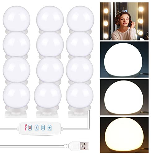 Nizirioo Led Spiegelleuchte Dimmbar Hollywood Lichter Schminklicht 12 Spiegellampe mit Schalter 3 Farbe Make Up Licht für Kosmetikspiegel Schminktisch Leuchte Helligkeiten für Schminktisch