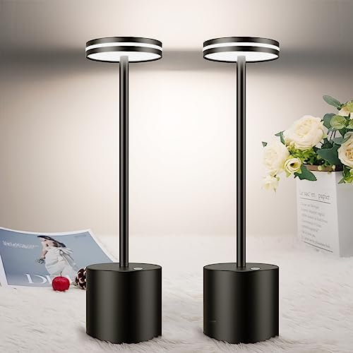 bravzurg 2 Stück LED Tischlampe Kabellos, 5000mAh Moderne Tischleuchte Akku, Dimmbar, Aluminium, 3 Farbtemperatur, Aufladbar Tischlampen für Outdoor Indoor Nachttisch Esstisch Terrasse Bar - Schwarz