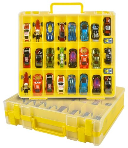 Toy Car Storage Organizer Case Compatible with Hot Wheels/for Matchbox Cars. Display Carrying Container Holder for LOL Surprise Dolls/for Shopkins with 48 Compartments Double Sided -Yellow (Box Only)