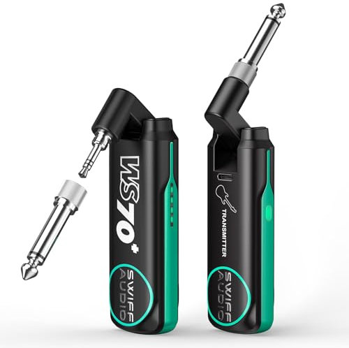 UHF Guitar Wireless Transmitter Receiver, POGOLAB 1/4 & 1/8 Stecker Wireless Gitarrensystem für Bass Gitarre, Kabelloses Sender-Empfänger, 2 ms niedrige Latenz, 6 Stunden wiederaufladbare Arbeitszeit