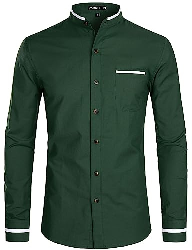 PARKLEES Mens Hipster Design Grandad Collar Oxford Shirt Slim Fit Long Sleeve Casual Button Down Dress Shirts with Pocket EU-PZ113 Dark Green XXX-Large