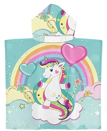 Highdi Badeponcho Kinder Mikrofaser, Einhorn Muster Surf Handtuch Poncho Junge Mädchen Handtuch mit Kapuze Umziehhilfe Poncho Saugfähiges Kapuzenhandtuch Bademantel (Süßes Einhorn,60x60cm)