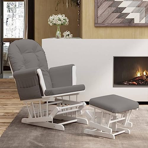 KOIECETA Schaukelsessel mit Hocker Schaukelstuhl Relaxsessel Relaxstuhl Schwingsessel Sessel Stuhl Stillstuhl Gleitend Stoff (Dark Grey and White)