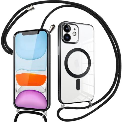 Pnakqil Magnetisch Hülle für iPhone 11 mit Band, Kompatibel mit MagSafe, Handyhülle Durchsichtig Dünn Silikon mit Handyband Kordel, Stoßfest Schutzhülle für iPhone 11, Schwarz