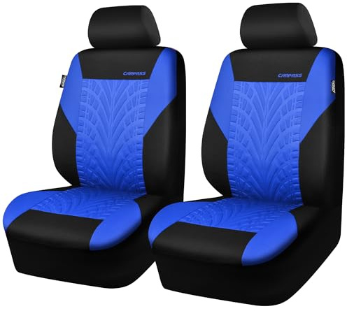 CAR PASS Autositzbezüge 2 vorne, 3D Reifendruck Auto Innenbezüge, Airbag Kompatibel, Schnelle Einrichtung, Universelle Passform Sitzbezüge für Auto, LKW, SUV (Vordersitze, Schwarz und Blau)