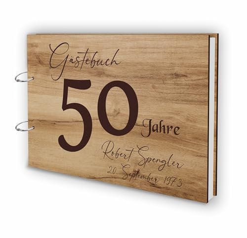Manschin-Laserdesign Holz Gästebuch Runder Geburtstag Echtholz mit individueller Lasergravur | 50 Blätter (100 Seiten) | DIN A4 | 50 Jahre - EIN halbes Jahrhundert (50 Jahre, Eiche Natural)