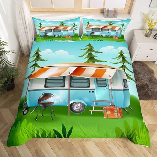Sezhiqeu Glücklich Camping Bettwäsche 135x200, 3D Muster Weich Kuschelig Mikrofaser Bettwäsche-Sets Wohnmobil-Wohnwagen Bettbezug + 2 Kissenbezug 80x80 cm mit Reißverschluss A-1741