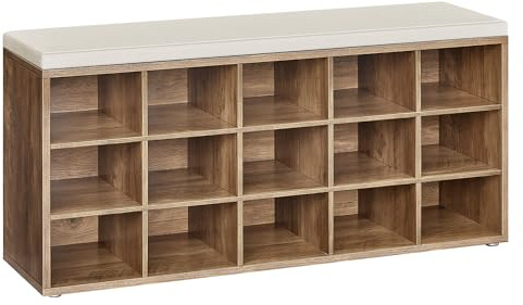 VASAGLE CUSTOS Collection - Shoe Bench, Storage Bench with Padded Seat, Entryway Bench with 15 Compartments, for Bedroom, 11.8 x 41.3 x 18.9 Inches, Honey Brown and Cappuccino Beige ULHS015K02
