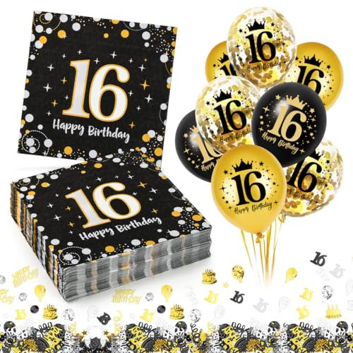 16. Geburtstag Deko Servietten 30 Stück+18 Stück Schwarz Gold Luftballons+ Konfetti Set, 16 Geburtstag Mädchen Junge Jubiläum Servietten, 3-Lagig Servietten 33x33cm,Geburtstagsservietten