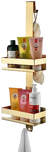 Hanging Over Door Shower Caddy - No Drilling Organiser Stainless Steel Shelves With Hooks - Gold Bathroom Rack Basket Tidy Storage