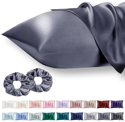 Vielit 2 Pack Satin Pillowcase for Hair and Skin Cooling,Soft as Silk Pillowcase for Hair and Skin,Easier Care than Silk Pillow Case Blue Purple 50x75cm Gifts for Women Envelope & 2 Scrunchies