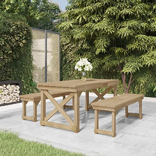 Gecheer 3-tlg. Sitzgruppe Holz Garten Essgruppe Sitzgarnitur Gartenmöbel Set Gartengarnitur Essgruppe Mit 1 Tisch & 2 Bank, für Garten, Terrasse und Balkon, Massivholz Kiefer Imprägniert
