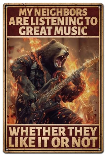 SUPERDANT Gitarre Musik Blechschilder Schwarzbär Gitarre Eisen Blechschild Gemälde Metallschild Meine Nachbarn Hören Tolle Musik Metallschilder Bar Pub Bärenwand Vintage Metallplakette