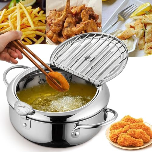 ZANWANXIN Stainless Steel Frying Pot with Thermometer and Oil Drip Drainer Rack, Stainless Steel Deep Fryer, Japanese Deep Fryer Pot, Stainless Steel Deep Frying Pan with Lid (20cm/7.9in)