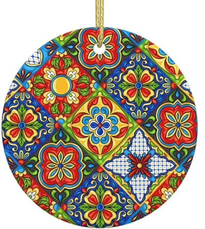 Mexican Ceramic Tile Christmas Tree Ceramic Hanging Decorative Ornaments – Wall Mount Xmas Home Party Supplies for Holiday, Wedding