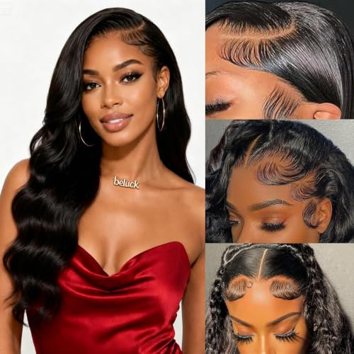 Echthaar Perücke Human Hair Wig 13x6 Body Wave HD Transparent Lace Front Wig Human Hair For Black Women Glueless Schwarze Perücke Damen Pre Plucked Mit Babyhaar Lace Frontal 20 Zoll