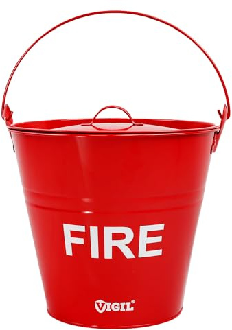 Vigil Red Fire Bucket with Lid - Galvanised Metal Bucket with Handle - 10L | 10 Litre Capacity Fire Safety Bucket for Storing Sand & Other Spillage Absorbent Materials for Emergency Fire Response