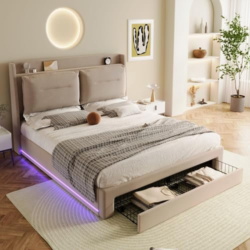 BTM King Size Bed Frame with 2-in-1 Storage Drawer, Hydraulic Bed Box, LED Light Strips, Beige Velvet, King Size (150x200cm), No Mattress