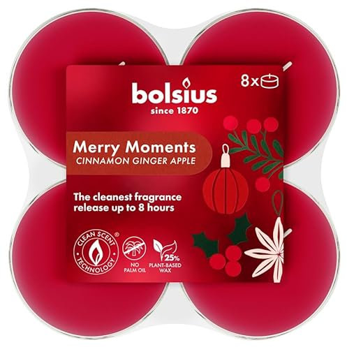 Bolsius - Merry Moments - Maxi Candele Tealight Profumate - Durata della Combustione di 8 Ore - Estratti Naturali - Contiene Cera Vegetale - Senza Olio di Palma