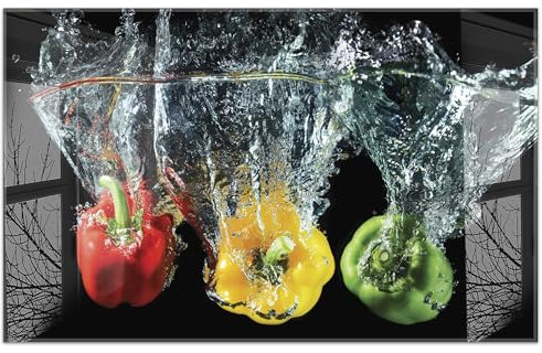 timalo Küchenbild aus Acrylglas modernes Wandbild Glasbild Deko Küche XXL Bild wie Glas | 80x50cm Bunte Paprika im Wasser, Splash, schwarzer Hintergrund, Gemüse