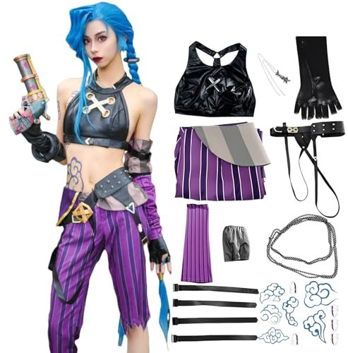 BAWKGDB Costume cosplay di Jinxarcane con parrucca lunga blu, adesivi per tatuaggi,accessori, cintura, guanti neri, set di Halloween anime da donna (Viola, L)
