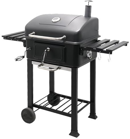 House Of Home XL Charcoal BBQ Smoker with Side Tables – Barbecue Grill for Outdoor Cooking – Adjustable Chimney For Airflow Control, Portable & Durable – Extra Large Black Garden BBQ Grill