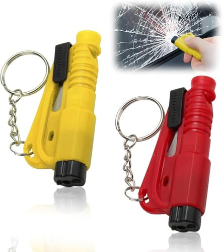 Lot de 2 Porte-Clés Sécurité Voiture, 3 En 1 Marteau de Sécurité - Brise Vitre Coupe Ceinture Sifflet De Survie, Brise Vitre Voiture Mini Marteau Brise Vitre Kit pour Voiture Outil D'Évasion D'urgence