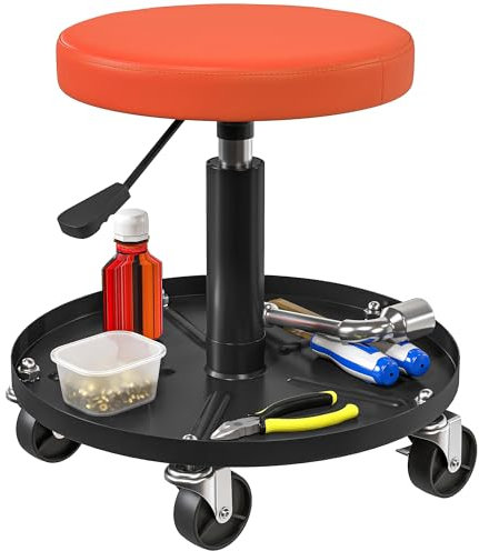 HOMCOM Werkstatthocker mit Rollen Ablagefläche höhenverstellbar 38-50cm Rollhocker bis 135 kg belastbar drehbar Arbeitshocker Rollsitz Drehhocker Ø38 cm Werkstattsitz für Werkstatt Orange