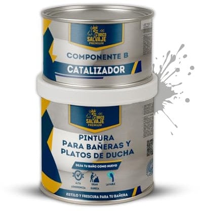 BRICOSALVAJE Pintura para Bañeras y Platos de Ducha de Poliuretano | 750 ml (600+150 ml) | Acabado Satinado Cerámico | Dos Componentes | Impermeable y Resistente | Fácil Aplicación (Piedra Serena)