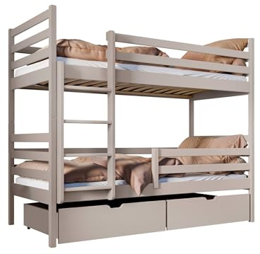 Etagenbett Jupiter, Hochbett mit 2 Schubladen, Kinderbett mit Lattenrost, 2 in 1, Bettrahmen aus Kiefernholz, Stockbett, Farbauswahl, Kinderzimmer (Cashmere, 80 x 180 cm)