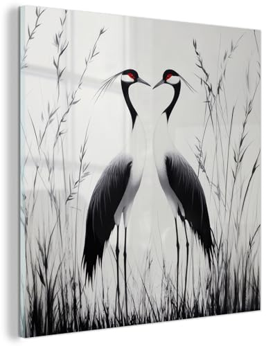 MuchoWow© Bild auf Glas Schlafzimmer Bilder Badezimmer Wand Deko Wohnzimmer | 20x20 cm - Modern Wanddeko Bilderwand Geschenk Kraniche - Gras - Herzform - Schwarz