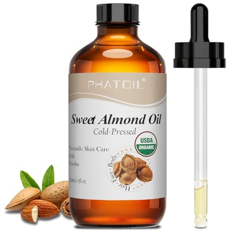 PHATOIL Huile Végétale d’Amande Douce Bio - Huile pour Corps, Cheveux 118ML | Organic Sweet Almond Oil 100% Naturelle Pure Pressée à Froid - Huile Hydratante pour Soins du Visage, Massage, Body Oil