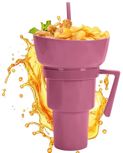 Cup and Bowl Combo | 2-in-1 Reusable Snack Bowl Drink Cup with Straw - Leakproof Food Holder Drinking Container for Chips Candy Fruit Dessert Popcorn Juice Milk Tea Party Outdoor