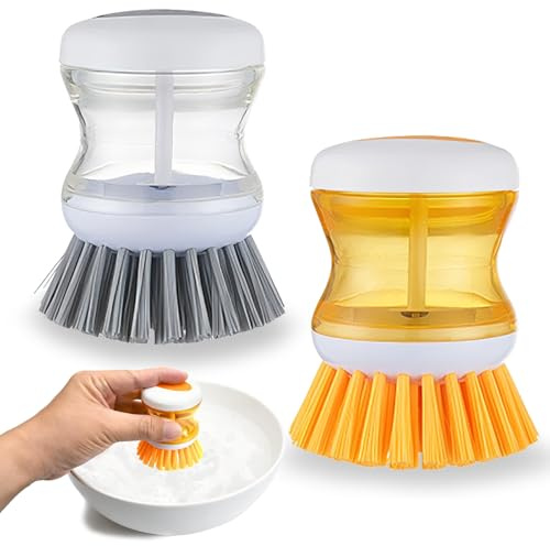 Soap Dispensing Palm Brush, 2 in 1 Washing up Brush with Liquid Dispenser | Multifunctional Pressing Cleaning Brush for Dishes Pot Pan Sink Cleaning, 6.5×8cm, Grey, Orange