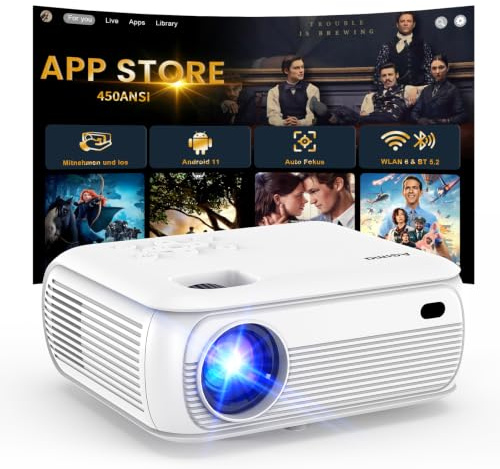 Mini Beamer FHD 4K,Lower Noise 450ANSI Tageslichttauglicher Smart Beamer | Auto-Keystone,HIFI-Lautsprecher, Android 11.0,WiFi 6 BT5.2,Großbild Heimkino Projektor für Bedroom Outdoor Garten,weiß