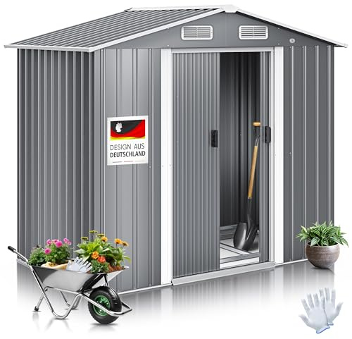 KESSER® XL Metall Gerätehaus 4,2m³ mit Fundament | Inkl. Arbeitshandschuhe | 195x131x186cm | 2X Schiebetür & Fundament | Geräteschuppen | Gartenhaus Schrank | Satteldachdach Garten Schuppen Grau