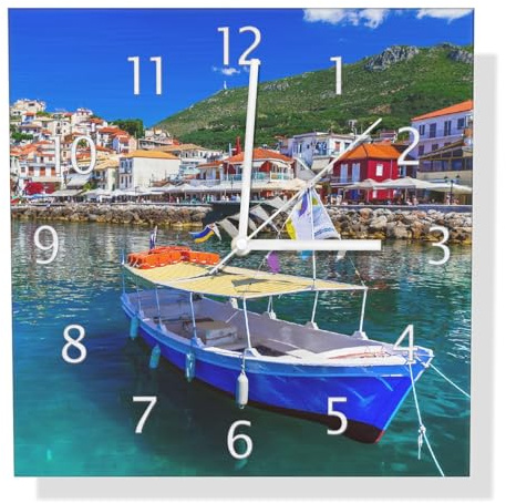 Wallario Design Wanduhr Fischerboot im Hafen aus Aluverbund, Alu-Uhr Größe 30 x 30 cm, weiße Zeiger mit Metalloptik