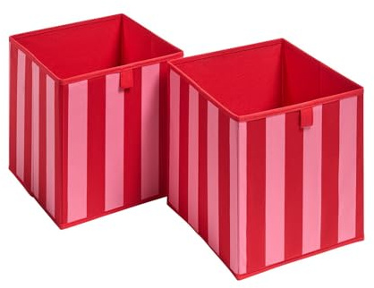 OHS Set of 2 Stripe Storage Cubes Home Organiser Toys Clothing Bathroom Pop Up Foldable Collapsible Cube Storage Boxes Space Saving Shelves Organiser Cube Boxes, Red/Pink