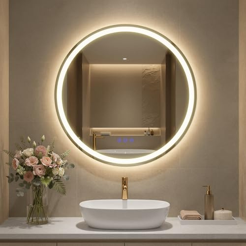 SONGMICS 61 x 61 cm Bathroom Mirror with LED Lights, Anti-Fog Function | Round Mirror, Adjustable Colour Temperature and Brightness, Matte White, BERIT Collection LWM211WC03