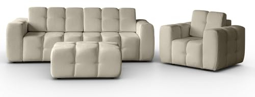 MW EURO-MEBLE Polstermöbel Set BONA, Sofa Set, Wohnzimmermöbel, Couchgarnitur 3+1+Pouf (Beige: Raven 28)