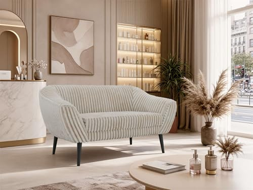 MKS MEBLE Sofa PIRS 2-Sitzer - Skandinavisches Design Couch, Gesteppte Polsterung, Wellenfederung, bequemes Polstersofa für Wohnzimmer - Schwarze Beine, Beige Cord