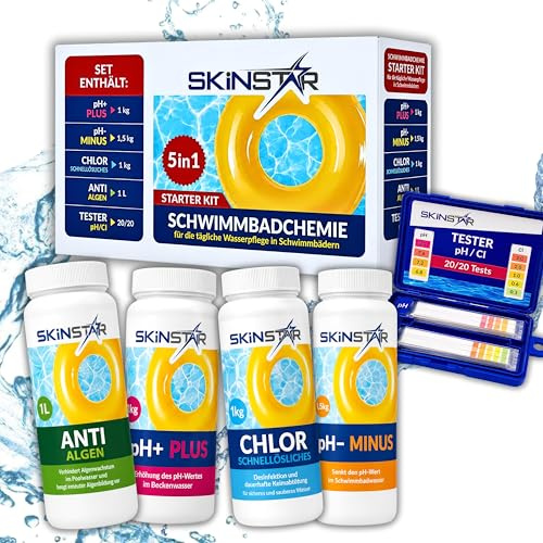 Pool Starter Set 5in1 Schwimmbadchemie - Chlor-Granulat, pH-Plus & pH-Minus, Anti-Algen, Teststreifen - Komplettset zur Wasserpflege für klares Poolwasser