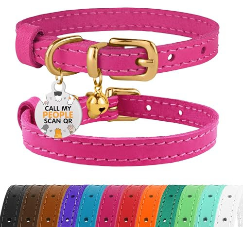 BRONZEDOG Leather Cat Collar with Removable QR-ID Tag – Kitten Collar with Bells, Non-Breakaway, for Girls & Boys (18-22 cm, Pink & Gold)