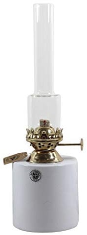 Petroleumlampe TUBUS, Höhe 25 cm, runder weisser Keramikbehälter, Durchmesser 8 cm, Inhalt 0,3 l, Leuchtdauer ca. 22 Std., Messingbrenner, Gewicht 0,4 kg