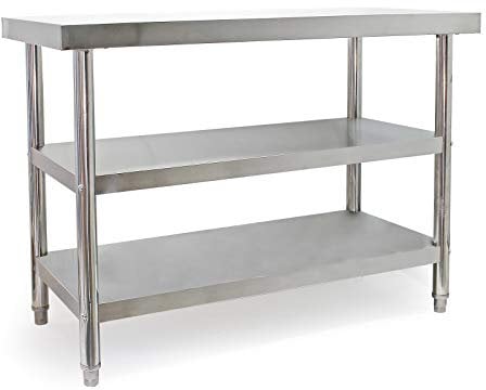Wiltec Tavolo da lavoro in acciaio inox 120 x 60 x 85 cm con 2 ripiani inferiori e piedi regolabili