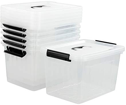 Asking 10 L Clear Plastic Storage Lidded Boxes with Black Handles/Latch, Pack of 6