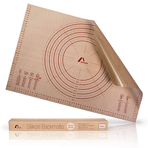 Amazy Backmatte – Backunterlage zum Bearbeiten von Teig, Kuchen, Brot, Pizza aus lebensmittelechtem Silikon | Rutschfest, robust & bis 250 °C hitzeresistent – große Unterlage mit Maßen 60x40 cm