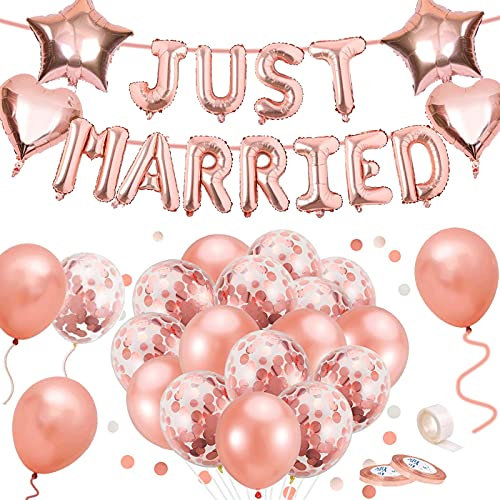 AONAT 49 Pcs JUST MARRIED Balloon Rose Gold Decoration Set Wedding Party Decorations, Just Married Banner Bridal Shower Just Married bunting for Wedding Birthday Party Bridal Shower Decorations