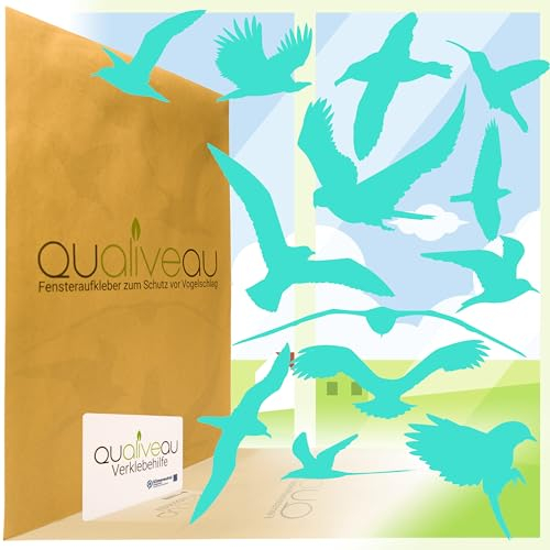 Qualiveau® 12-30cm Große Fensterbilder Aufkleber zum Schutz vor Vogelschlag, Komplettset mit Verklebehilfe, Türkis
